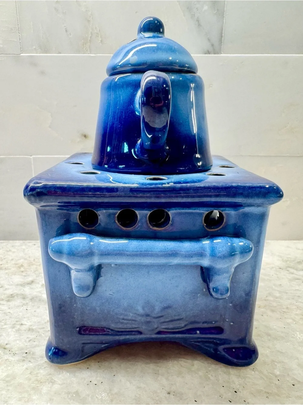 New Rustic Blue Ceramic Stove & Tea Pot Tea Light Candle Oil Warmer Diffuser 6”